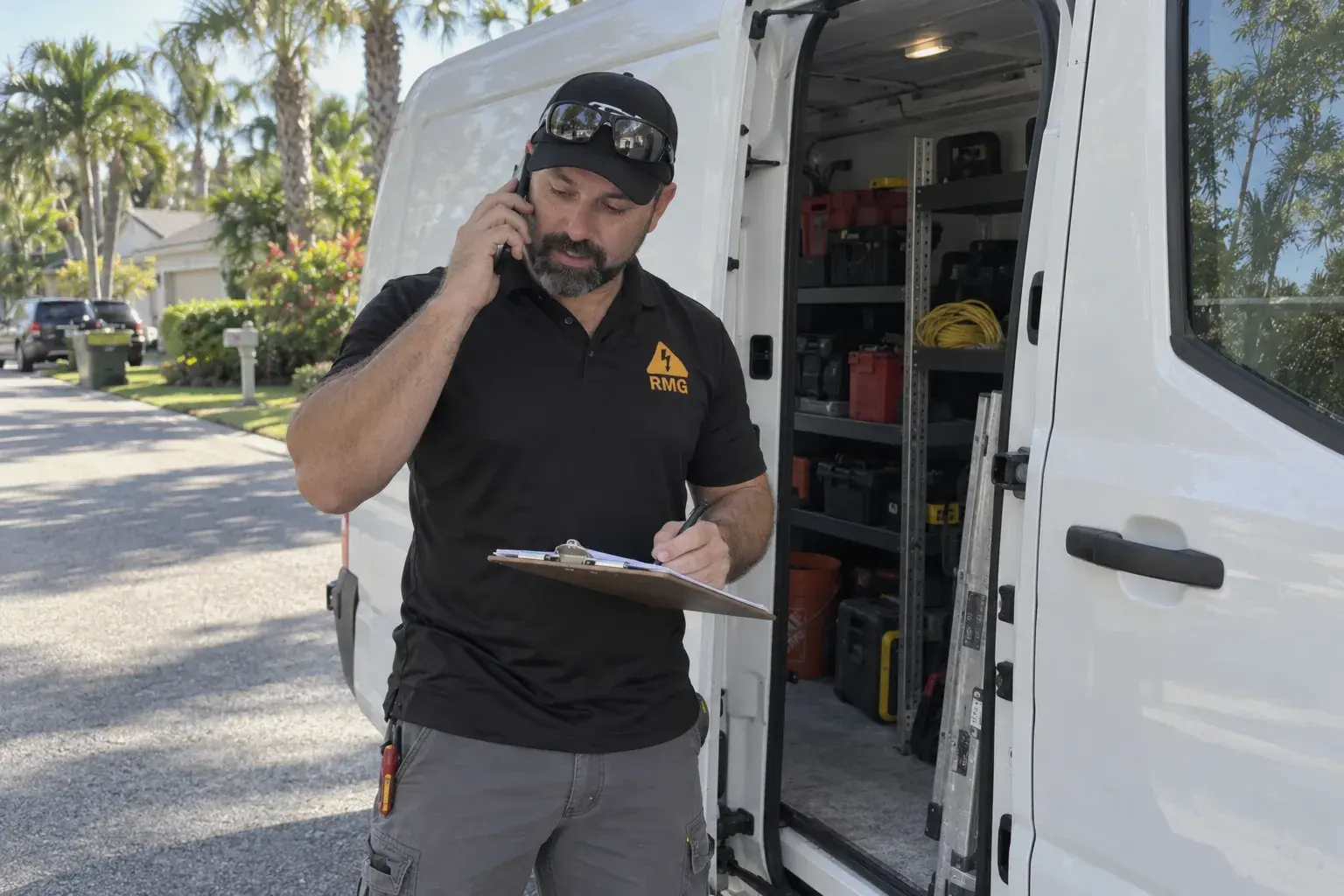 Electrician on the phone taking notes beside his work van