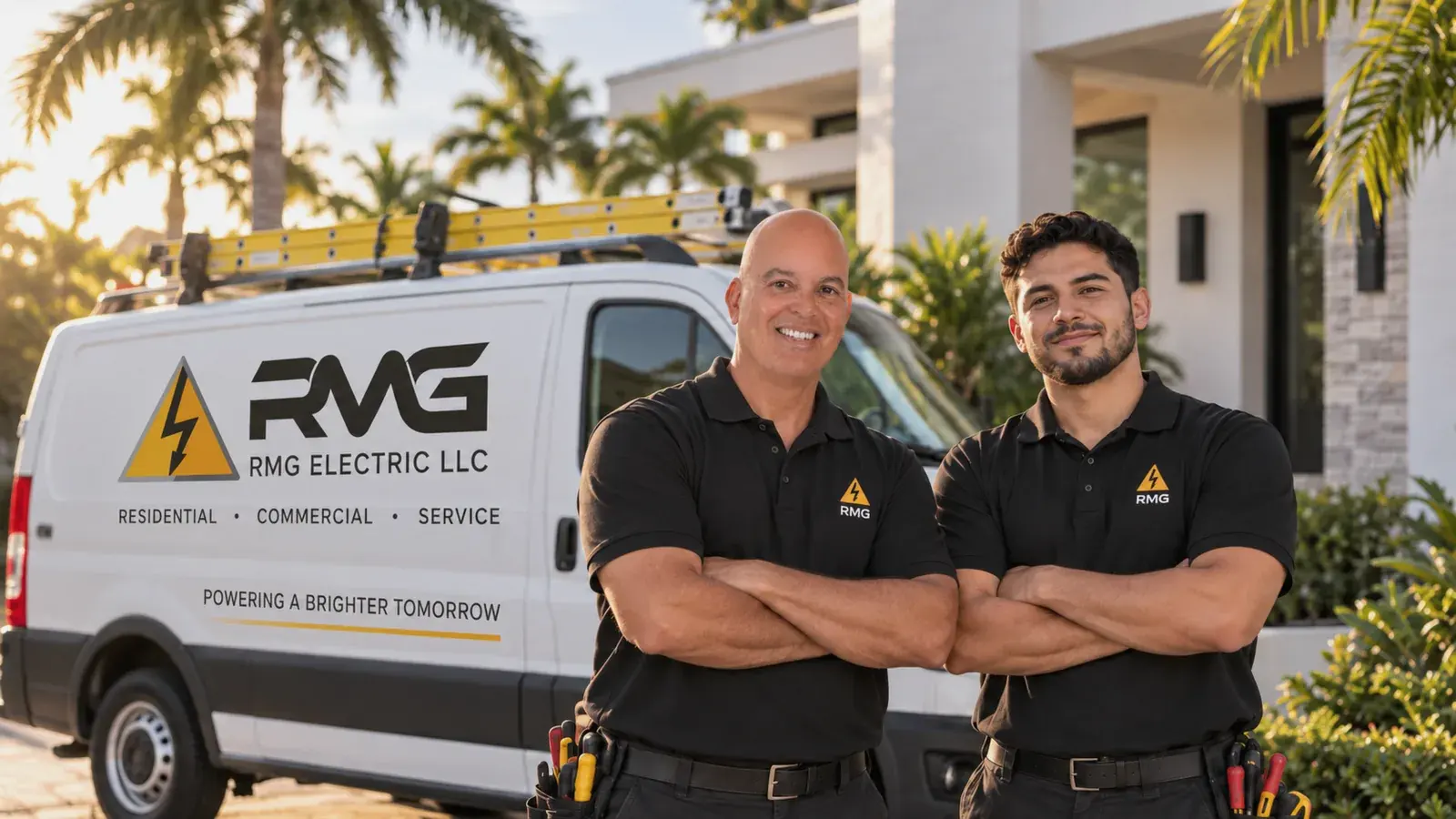 Two RMG electricians in black polos standing with arms crossed beside an RMG ELECTRIC LLC work van in front of a Florida home