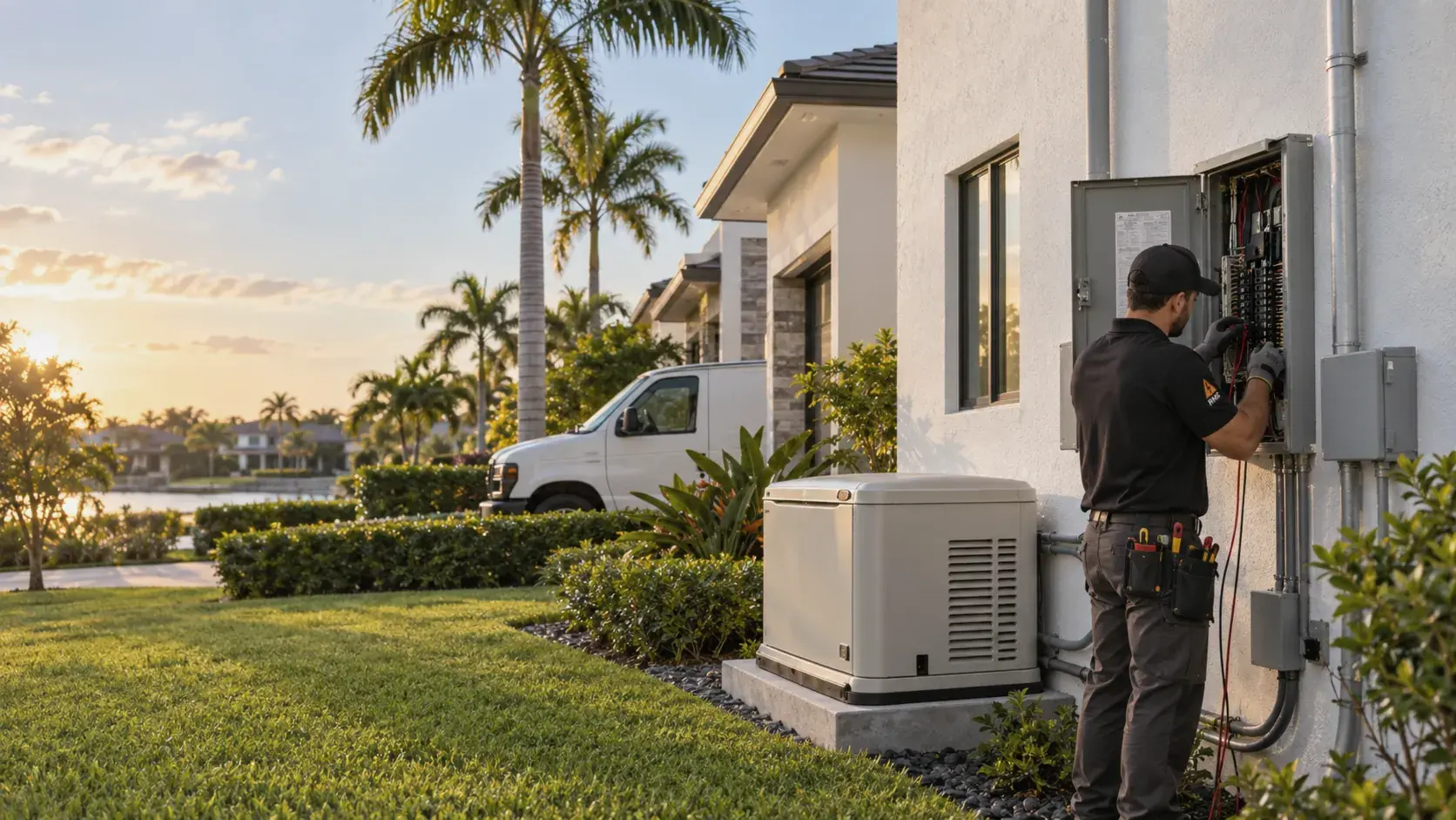 Electrician working on the exterior electrical panel and a standby generator of a modern Florida home